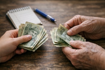 Primer plano de dos manos, una joven y otra adulta, contando billetes de 100 soles peruanos sobre una mesa de madera, con una libreta y un bolígrafo en el fondo desenfocado.