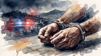 Ilustración en acuarela de unas manos masculinas esposadas con una ciudad de noche y luces policiales de fondo.