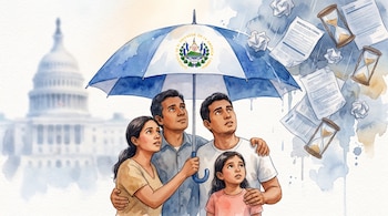 Cuatro personas bajo un paraguas con el escudo de El Salvador; caen papeles de inmigración y relojes de arena; el Capitolio de Estados Unidos se ve difuso al fondo.