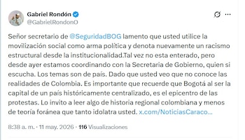 O Governo Distrital mobilizou a sua equipa de Diálogo, Direitos Humanos e Assuntos Étnicos para acompanhar a chegada de Misak a Bogotá - crédito @GabrielRondonO/X
