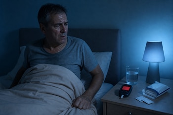 Hombre sudoroso en una cama iluminada por una lámpara de noche, junto a un glucómetro, un vaso de agua y sobres.