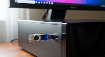 Primer plano de una memoria USB con luz azul encendida, conectada a un puerto USB frontal en una computadora de escritorio gris oscuro. Un monitor se ve desenfocado al fondo.
