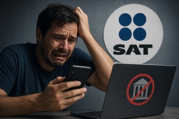 Un hombre sostiene un teléfono móvil ante una computadora portátil con un icono bancario tachado y el logotipo del SAT al fondo.