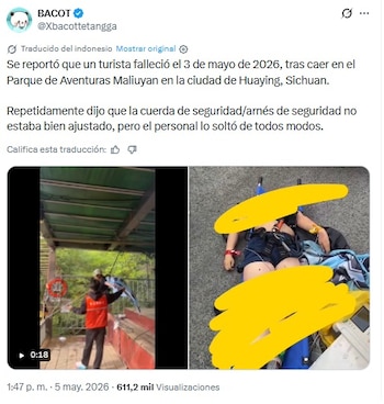 Imagen dividida. Izquierda: persona con chaleco naranja en plataforma de un parque de aventuras. Derecha: persona en el suelo, vestida con arnés de seguridad y rostro pixelado