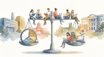 Ilustración en acuarela de una balanza. En sus platos, un reloj de días y varios objetos como libros, laptops y una flor. Seis jóvenes se sientan sobre el travesaño.