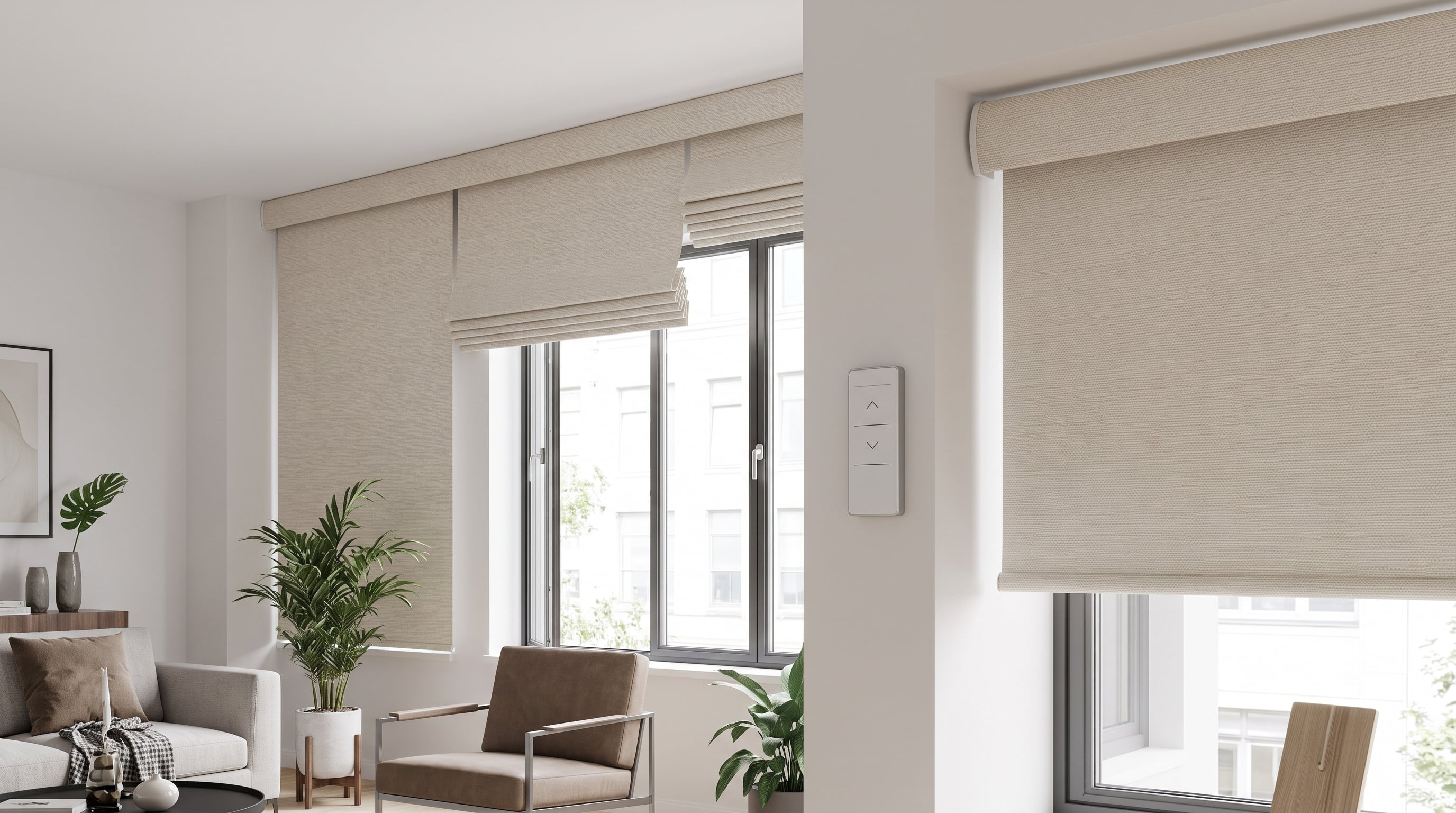 Varias cortinas motorizadas de color beige cubren las ventanas de una sala de estar junto a un control remoto fijado en la pared. (Imagen Ilustrativa Infobae)