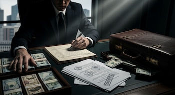 Primer plano de un ejecutivo en traje oscuro firmando un documento, con fajos de billetes de dólares en una bandeja y sobre el escritorio, y un maletín abierto con más dinero al lado.