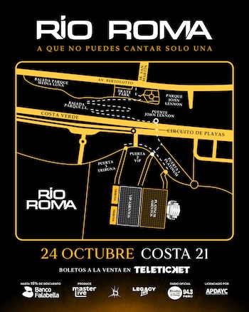 Plano con fondo negro que indica calles de acceso, tres puertas de ingreso y sectores de asientos frente al escenario para un concierto