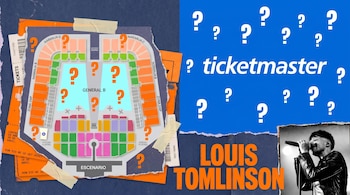 Collage visual que muestra un mapa de asientos de un estadio con signos de interrogación, boletos rasgados, el logo de Ticketmaster sobre azul y Louis Tomlinson cantando.