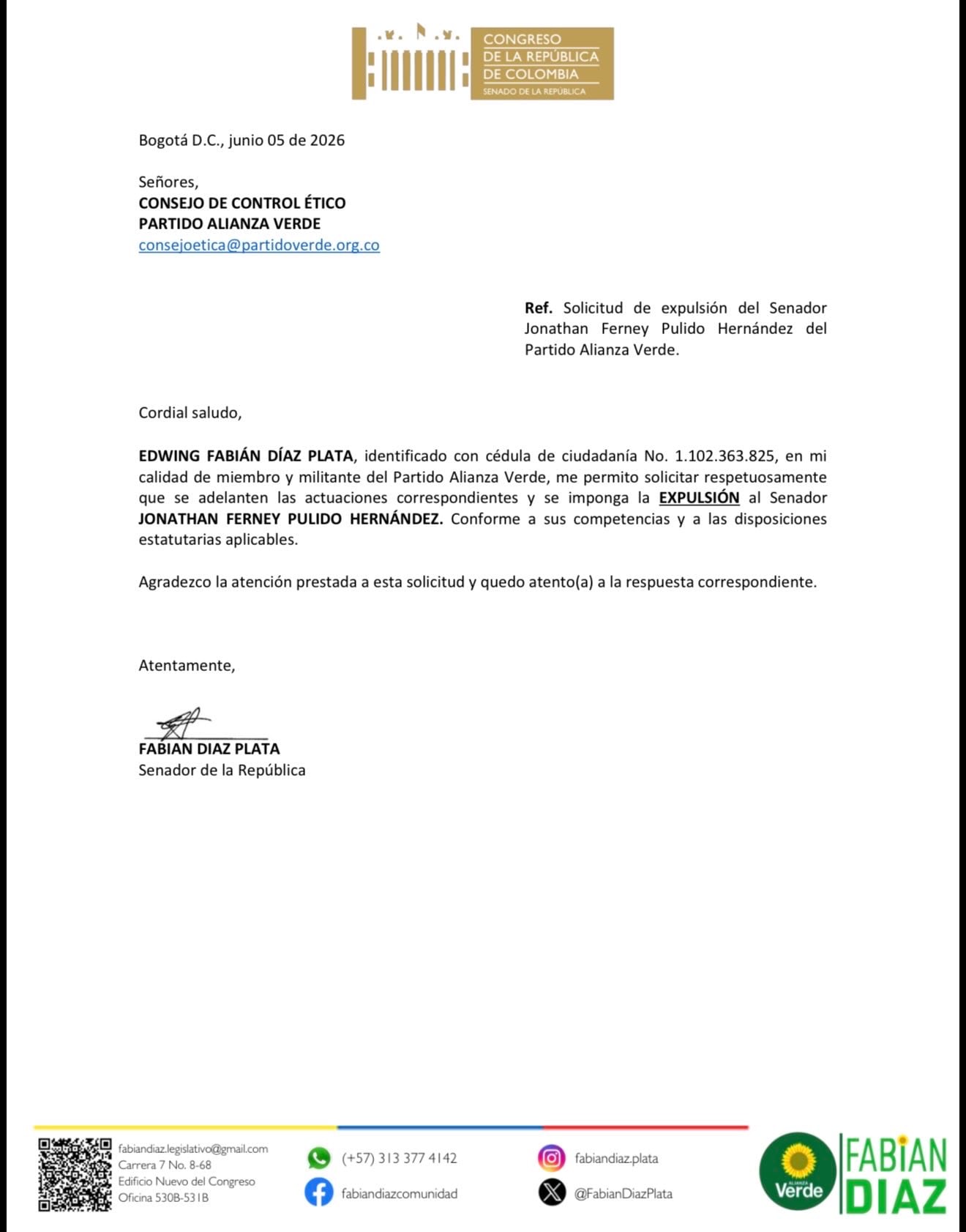 El congresista Fabián Díaz solicitó la expulsión Jota Pe Hernández del partido Alianza Verde - crédito @JotaPeHernandez/X
