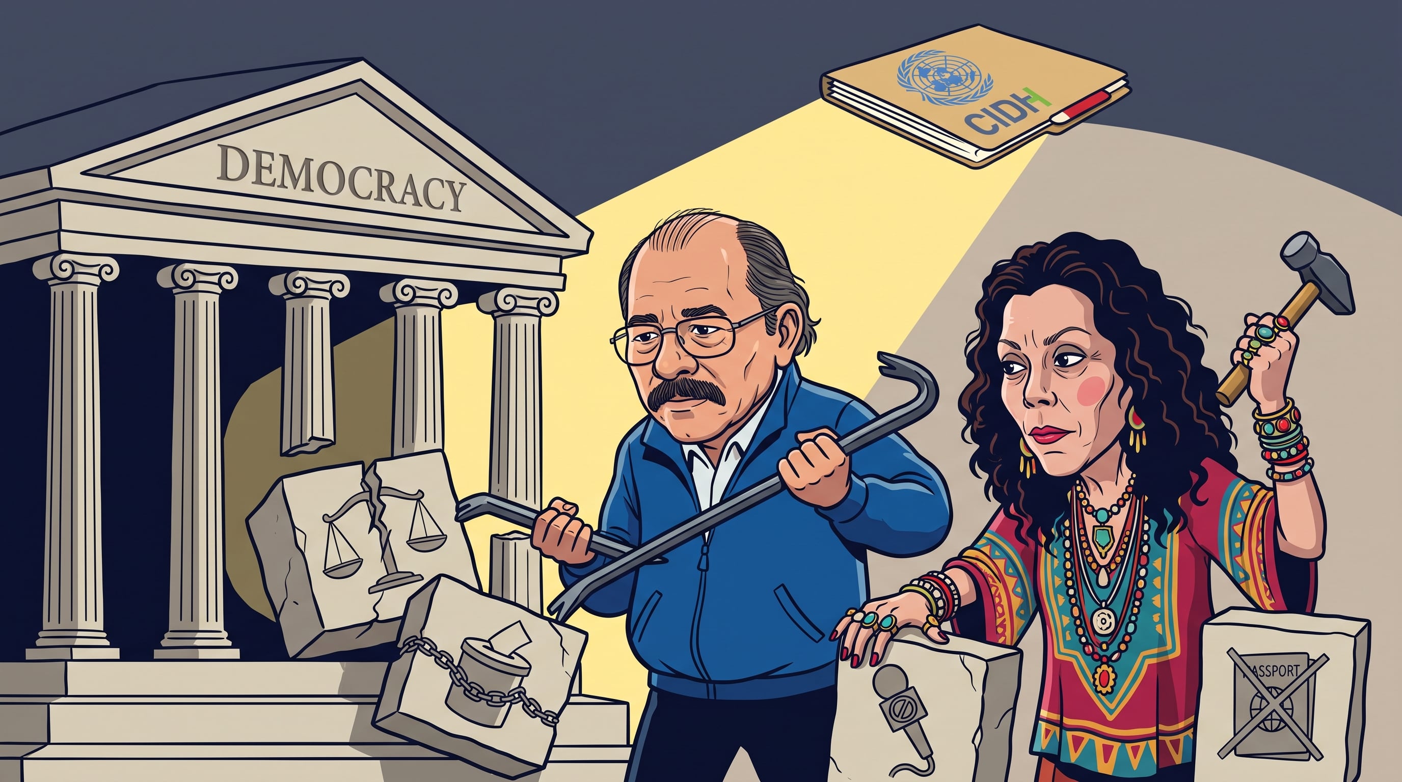 Daniel Ortega y Rosario Murillo retiran los cimientos de un templo que representa la democracia bajo la luz de un expediente de organismos internacionales. (Imagen Ilustrativa Infobae)