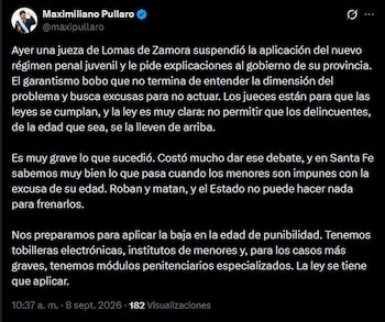 Captura de pantalla de una publicación en la red social X de Maximiliano Pullaro sobre la suspensión del régimen penal juvenil