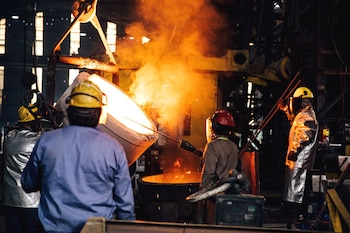 Trabajadores industriales con cascos y ropa de protección vierten metal incandescente en una estructura dentro de una fábrica