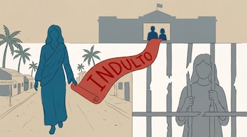 Ilustración: mujer en calle, otra mujer tras barrotes rotos, pergamino "INDULTO" desde Casa Presidencial con siluetas en ventana.