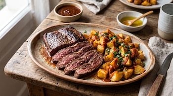 Carne asada rebanada con papas en cubos y salsa en una fuente de cerámica, junto a cuencos de aderezos y un cuchillo en una mesa de madera.