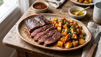 Receta de vacío al horno con papas bravas, rápida y fácil