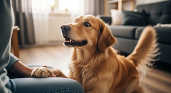 Primer plano de un Golden Retriever de pelaje dorado, con la boca ligeramente abierta, apoyando una pata sobre la pierna de una persona sentada. Fondo difuso de un salón.