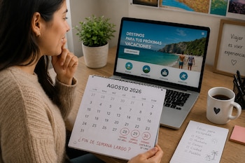 Una mujer frente a una computadora portátil sostiene un calendario de agosto con fechas marcadas en rojo junto a una libreta de notas