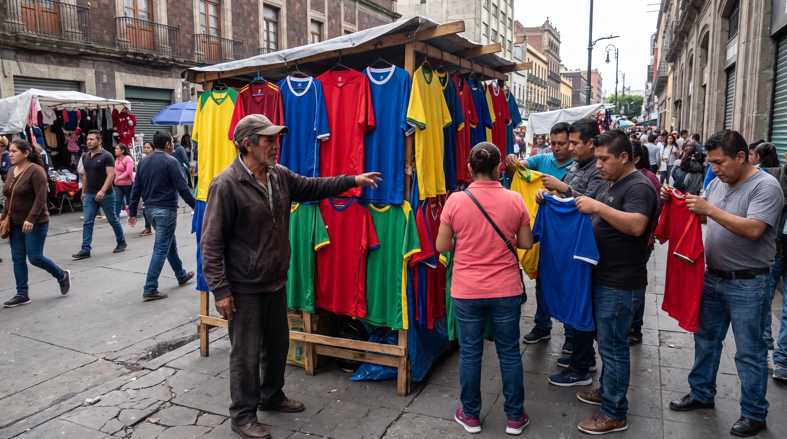 Un vendedor ambulante ofrece camisetas de fútbol de varios colores a clientes que las observan en su puesto callejero. (Imagen Ilustrativa Infobae)