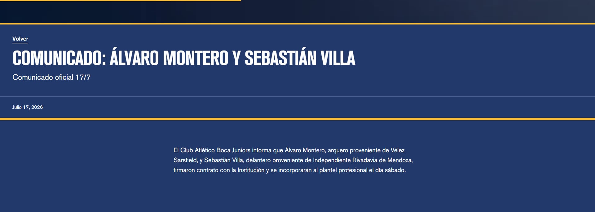 El comunicado de Boca Juniors oficializando las contrataciones del arquero Álvaro Montero y el delantero Sebastián Villa