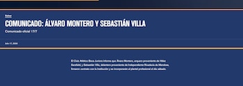 Página web azul con franjas amarillas. Título COMUNICADO: ÁLVARO MONTERO Y SEBASTIÁN VILLA y texto informativo en blanco