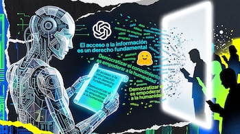 Un robot plateado sostiene un pergamino brillante junto a textos flotantes, los logos de OpenAI y Hugging Face y siluetas humanas.