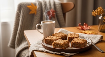 Primer plano de brownies de avena en una fuente de cerámica blanca y marrón. Al fondo, una taza de café humeante y una manta con hojas de otoño.