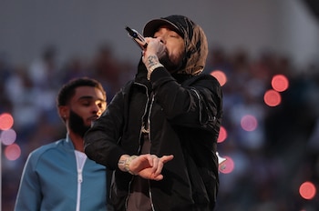 American Football - NFL - Super Bowl LVI Halftime Show - Cincinnati Bengals v Los Angeles Rams - SoFi Stadium, Inglewood, California, United States - February 13, 2022 Eminem performs during the halftime show REUTERS/Mike Segar