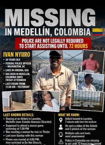 Este es el volante que circula en redes sociales con información sobre el ciudadano norteamericano Ivan Nyiiro, un oficial federal de 34 años que está desaparecido en Medellín desde el lunes 20 de abril de 2026 - crédito @chillcapo/IG