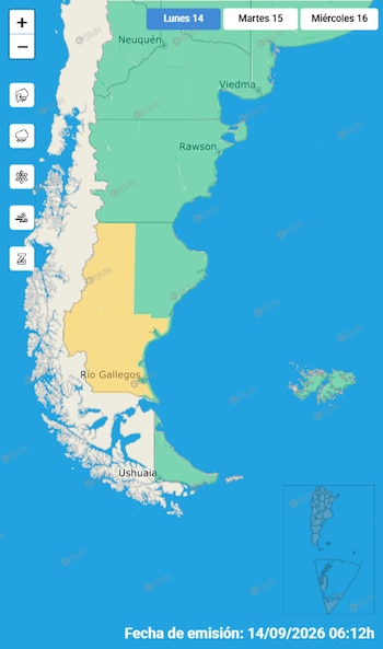 Mapa del sur de Argentina con zonas delimitadas en verde y amarillo, junto con un panel de fechas en la parte superior