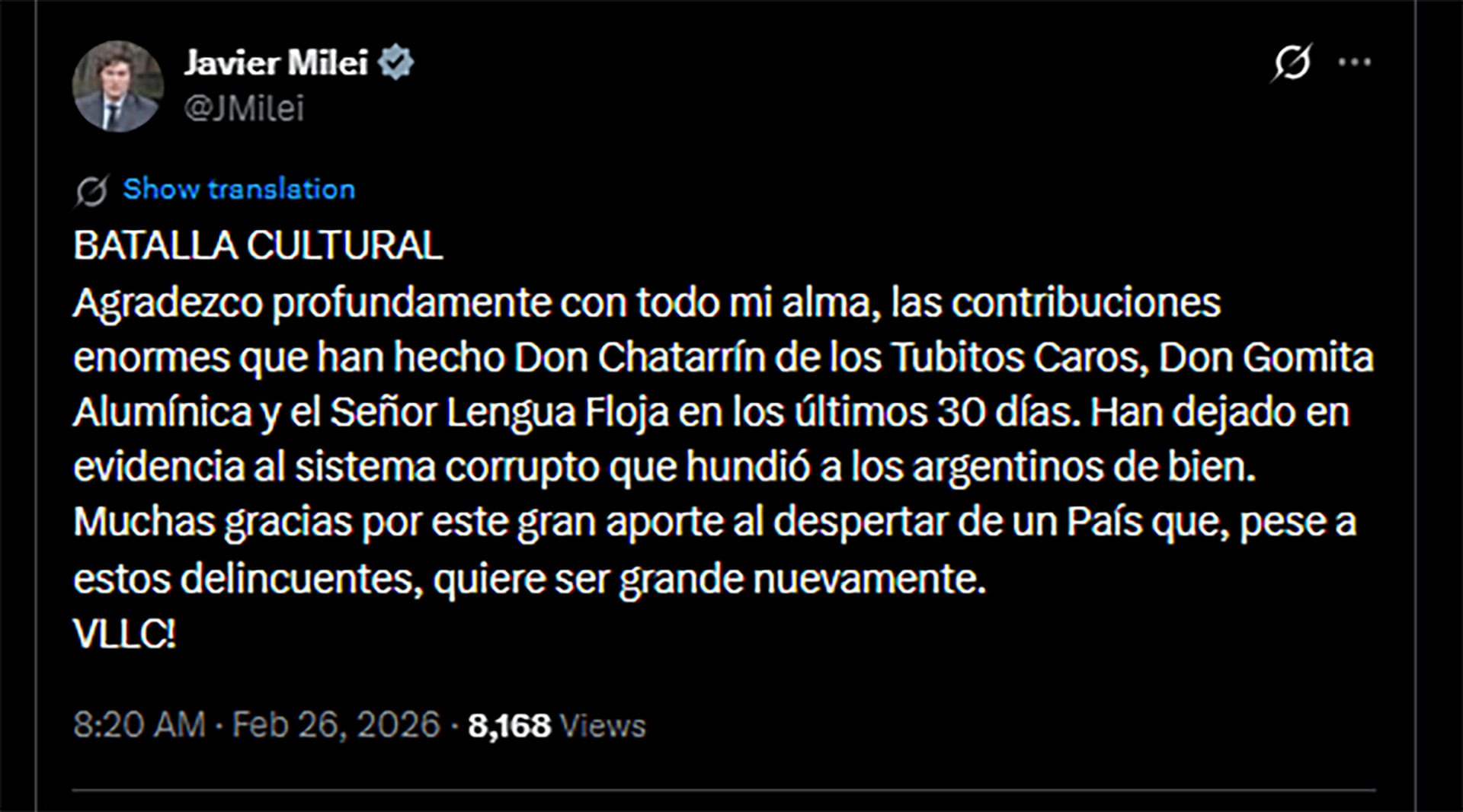 El presidente argentino Javier Milei publicó un mensaje en su cuenta de Twitter criticando fuertemente a empresarios, a quienes acusa de formar parte de un 'sistema corrupto' que perjudica al país.