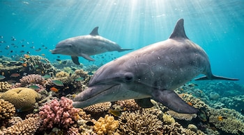 Dos delfines nadan en agua clara sobre un arrecife de coral con peces pequeños e iluminación solar desde la superficie.