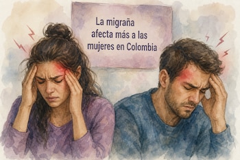 Ilustración de una mujer y un hombre sujetándose la cabeza con expresión de dolor frente a un cartel con texto.