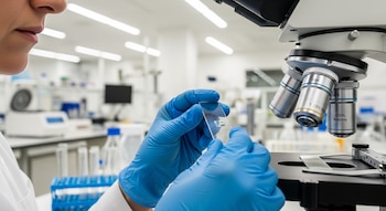 Primer plano de manos con guantes azules que sostienen un portaobjetos con una muestra, frente a un microscopio en un laboratorio.