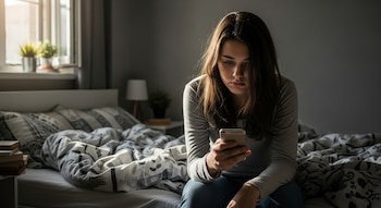 Una joven de pelo oscuro sentada en una cama mira su teléfono móvil. La luz natural entra por la ventana en la habitación con ropa de cama gris.
