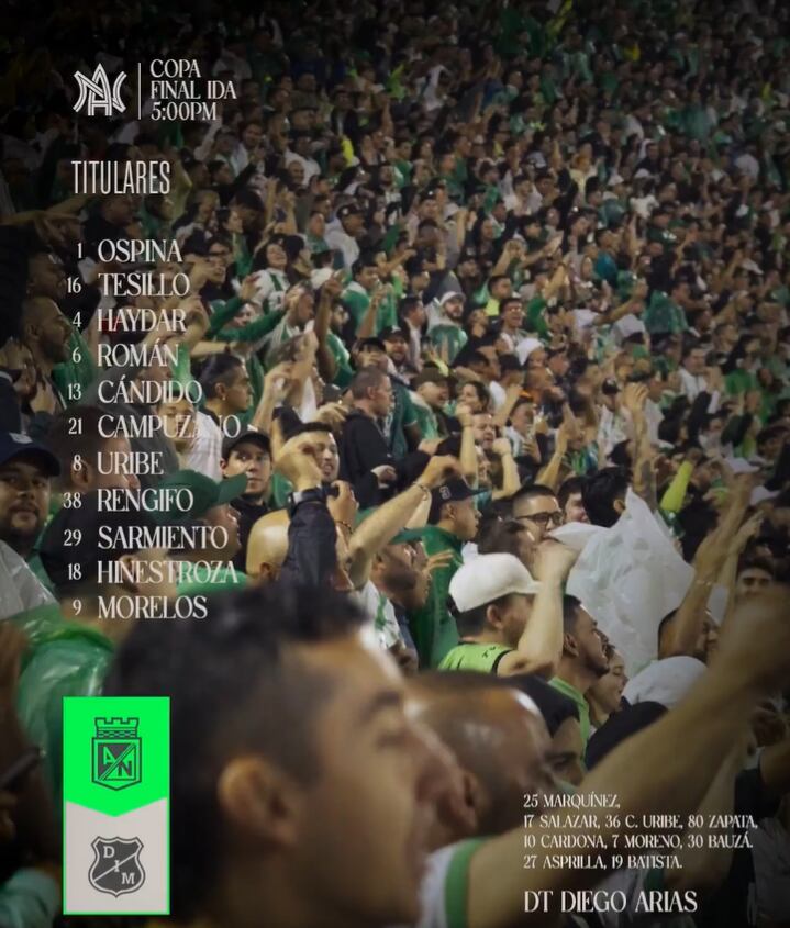 Alineación de Atlético Nacional ante Medellín en la Copa Colombia - crédito Atlético Nacional