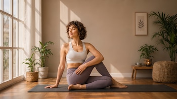 Mujer con cabello rizado, top blanco y leggings morados sentada en colchoneta de yoga. Ventana, plantas, mesa de madera, vela y cuadro en el fondo.