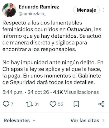Captura de pantalla de una publicación de Eduardo Ramírez con un texto sobre detenciones en Chiapas y métricas de interacción