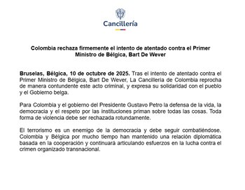 Cancillería sobre intento de atentado en contra del ministro del Bélgica - crédito @CancilleriaCol/X