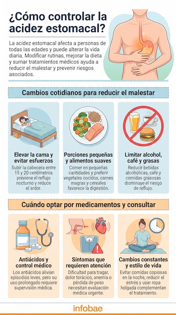 Infografía sobre control de acidez estomacal. Muestra ilustraciones de un sistema digestivo, hábitos diarios y recomendaciones médicas.