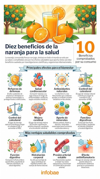 Infografía con ilustraciones de naranjas, jugo y gráficos que representan diez beneficios para la salud, como el refuerzo inmunológico, la salud del corazón y el cerebro.