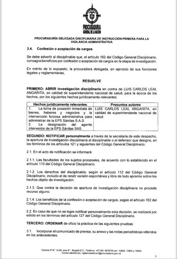 El superintendente Luis Carlos Leal será investigado por la Procuraduría por intervención a Sanitas