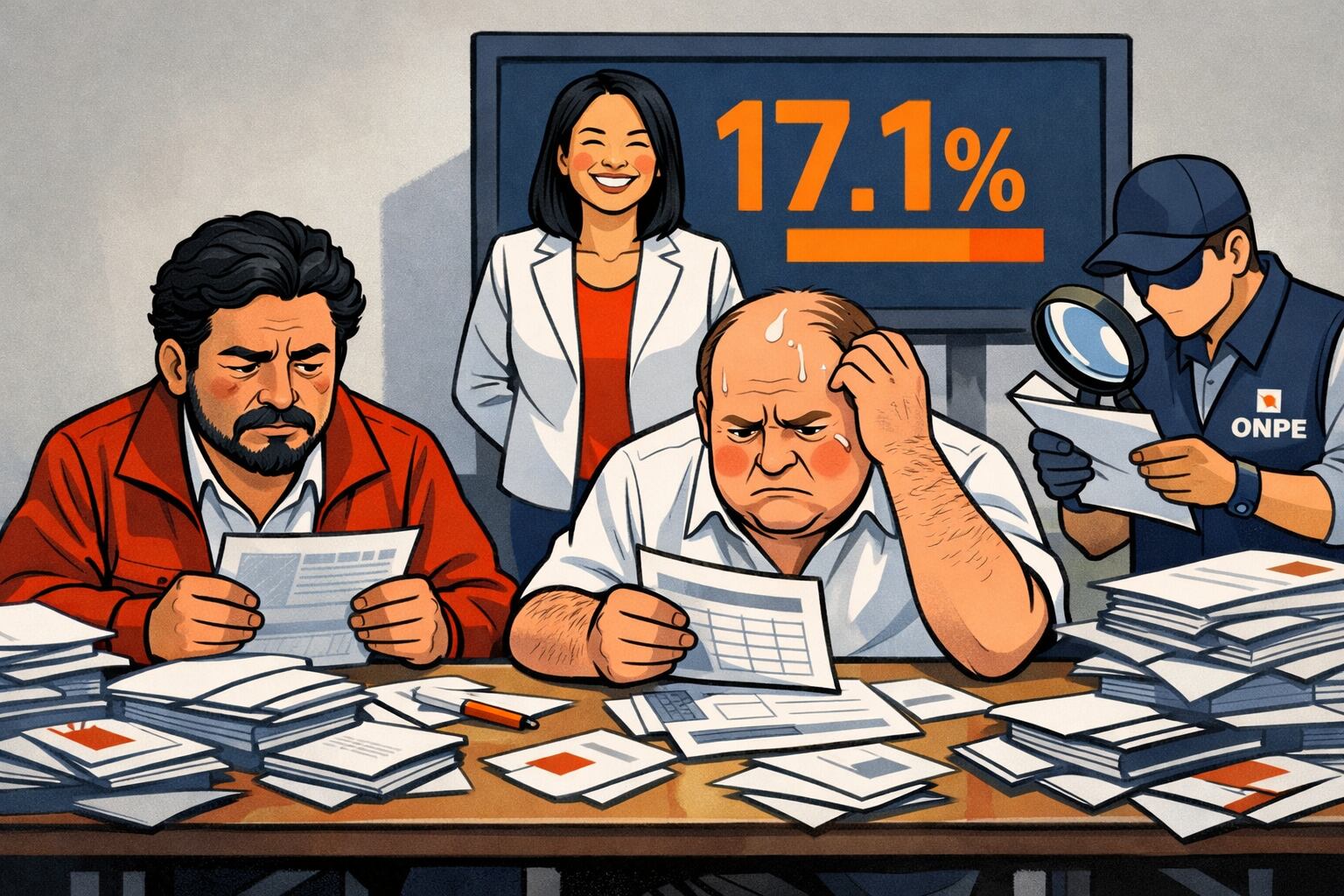 En una caricatura editorial, Roberto Sánchez y Rafael López Aliaga muestran preocupación durante el conteo de votos, mientras Keiko Fujimori sonríe ante su 17.1% en la pizarra y un funcionario de la ONPE revisa actas. (Imagen Ilustrativa Infobae)
