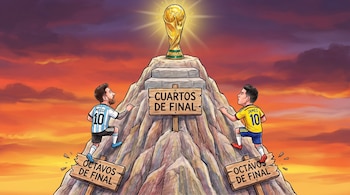 Montaña con Copa del Mundo. Messi (camiseta Argentina) y James (camiseta Colombia) escalan. Letreros: "Octavos de final" rotos, "Cuartos de final".