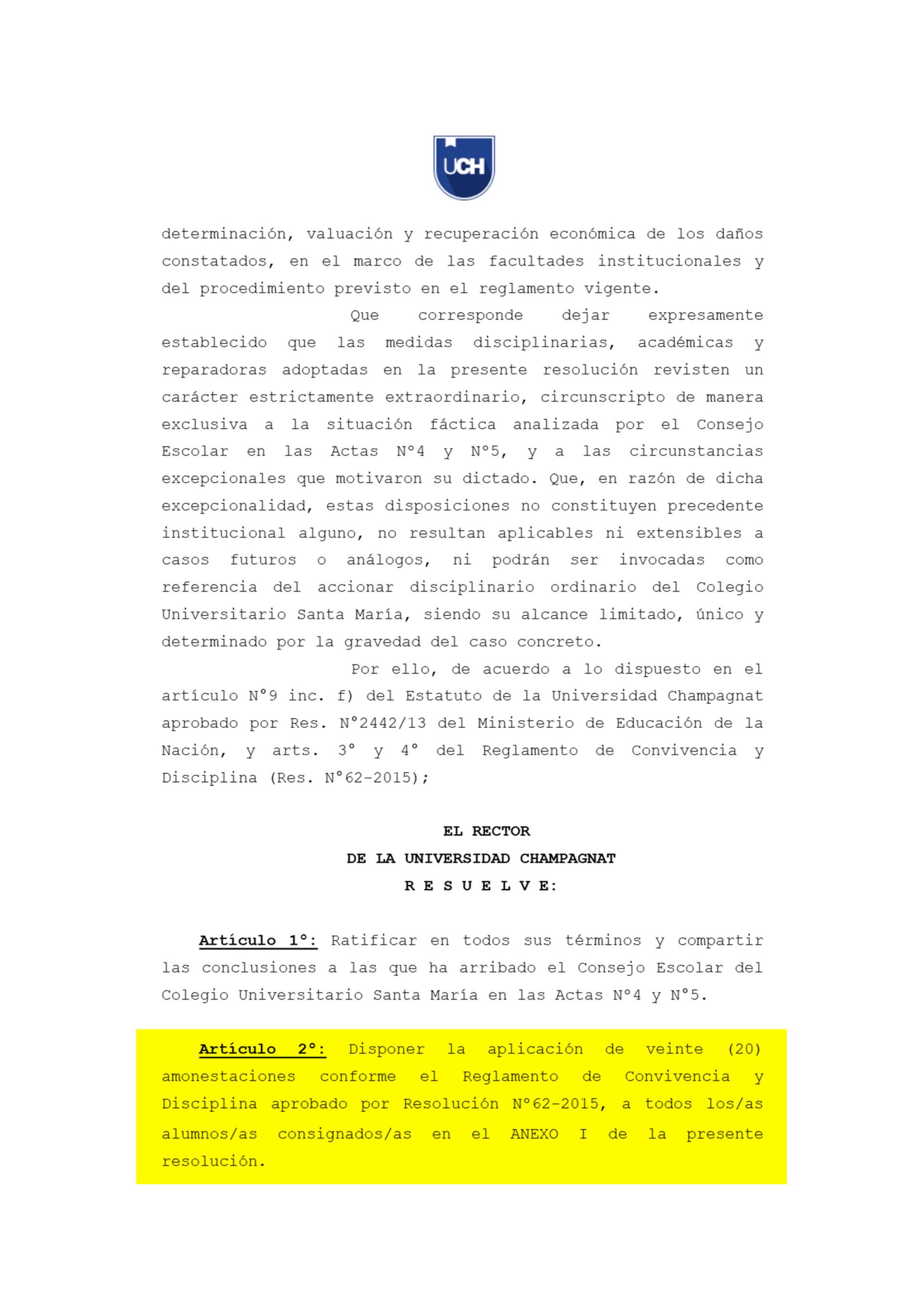 La resolución de la Rectoría de la Universidad Champagnat donde se informan las sanciones disciplinarias hacia los alumnos que participaron de los desmanes