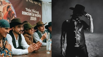 Collage: grupo de hombres en sombreros y cartel "Feria Nacional Rincón de Romos 2026" (izquierda); figura con sombrero, bandana, chaleco (derecha).