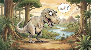 Ilustración de un T-Rex de ojos saltones en una selva prehistórica con volcán. Una burbuja de pensamiento muestra un brazo pequeño con un signo de interrogación.
