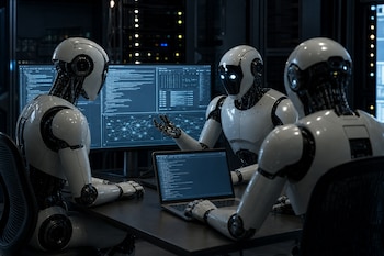 Tres robots humanoides están sentados frente a una mesa con un ordenador portátil y monitores con datos en una sala oscura.