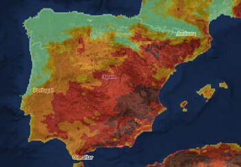 Mapa satelital de la Península Ibérica, las Islas Baleares, España, Portugal, Andorra y Gibraltar con áreas coloreadas