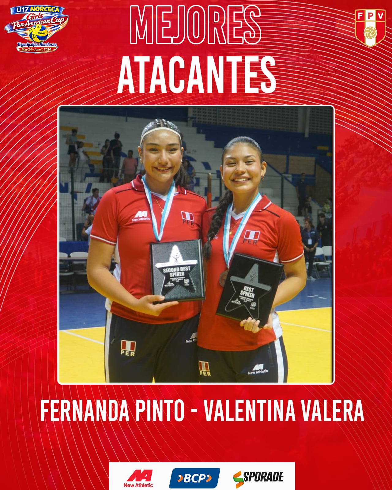 Valentina Valera y Fernanda Pinto fueron premiadas como las mejores atacantes de la Copa Panamericana Sub 17 de Vóley 2026. Crédito: FPV